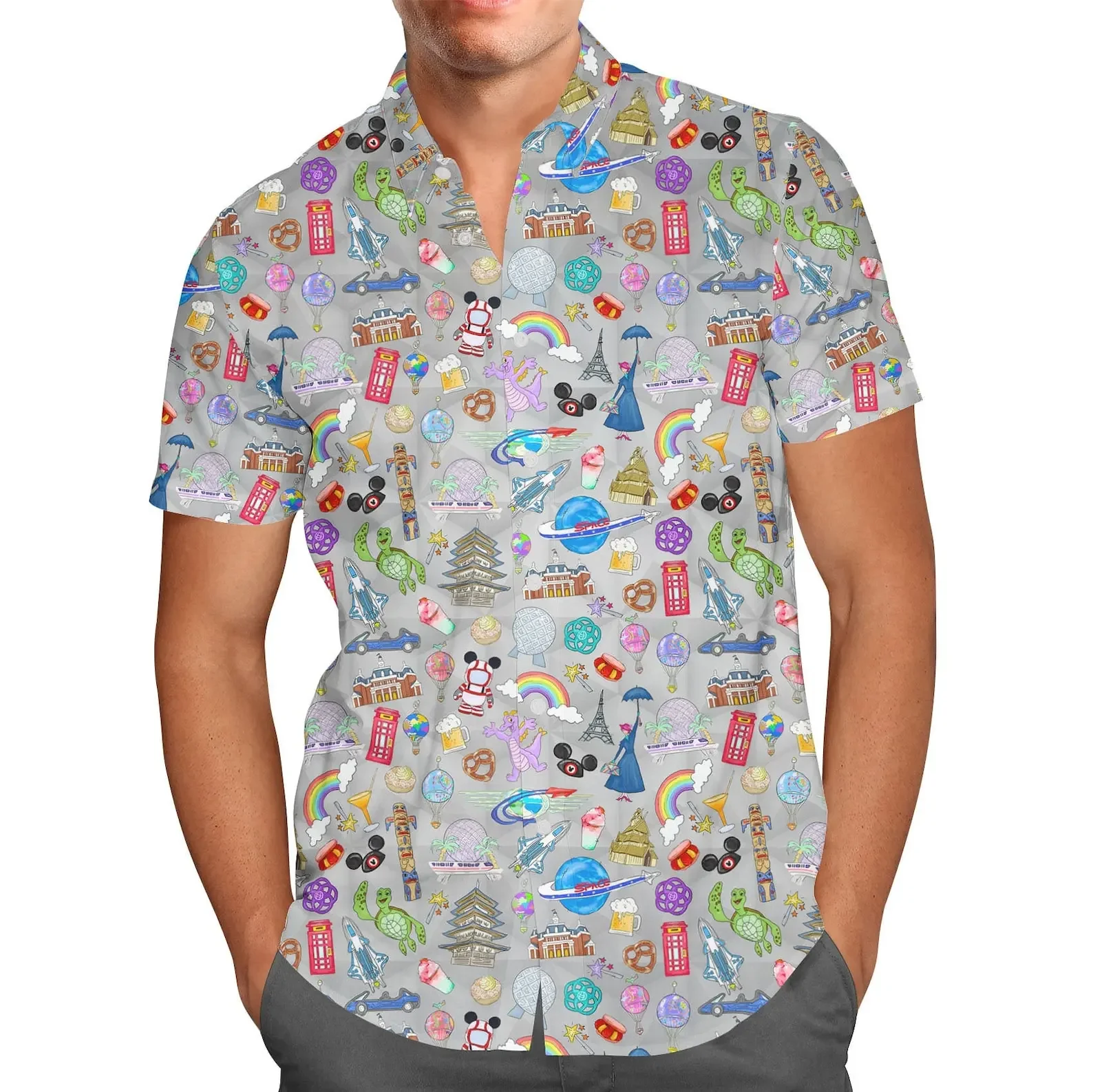 Camisa havaiana para homens e mulheres mickey mouse e amigos, manga curta, abotoar, disney, camisa de praia casual, verão