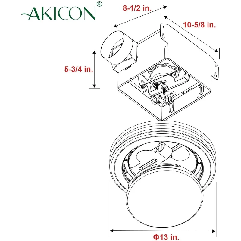 مروحة عادم Akicon مع ضوء، مروحة حمام عادم تهوية 80 CFM 2.0 فائقة الهدوء مع ضوء، 3000K/4000K/5000K