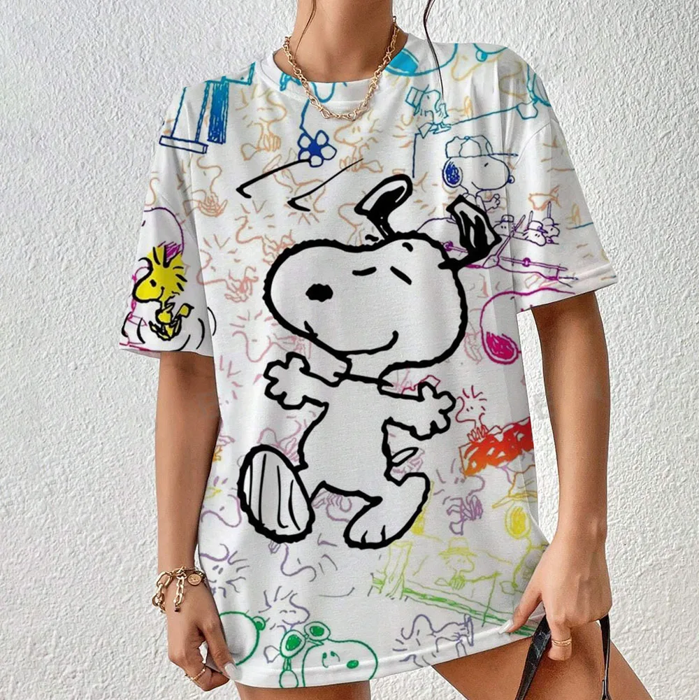 2024 Snoopy T-shirt mother and daughter Women's girl O-neck Design Summer Short Sleeve Sexy Neckline Cartoon Pattern Print Top