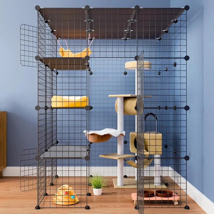 

Large Cat Cage, Enclosures Indoor with Balcony, DIY Playpen Detachable Metal Wire Kennels Crate 3x3x4 Large Exercise Place Ideal