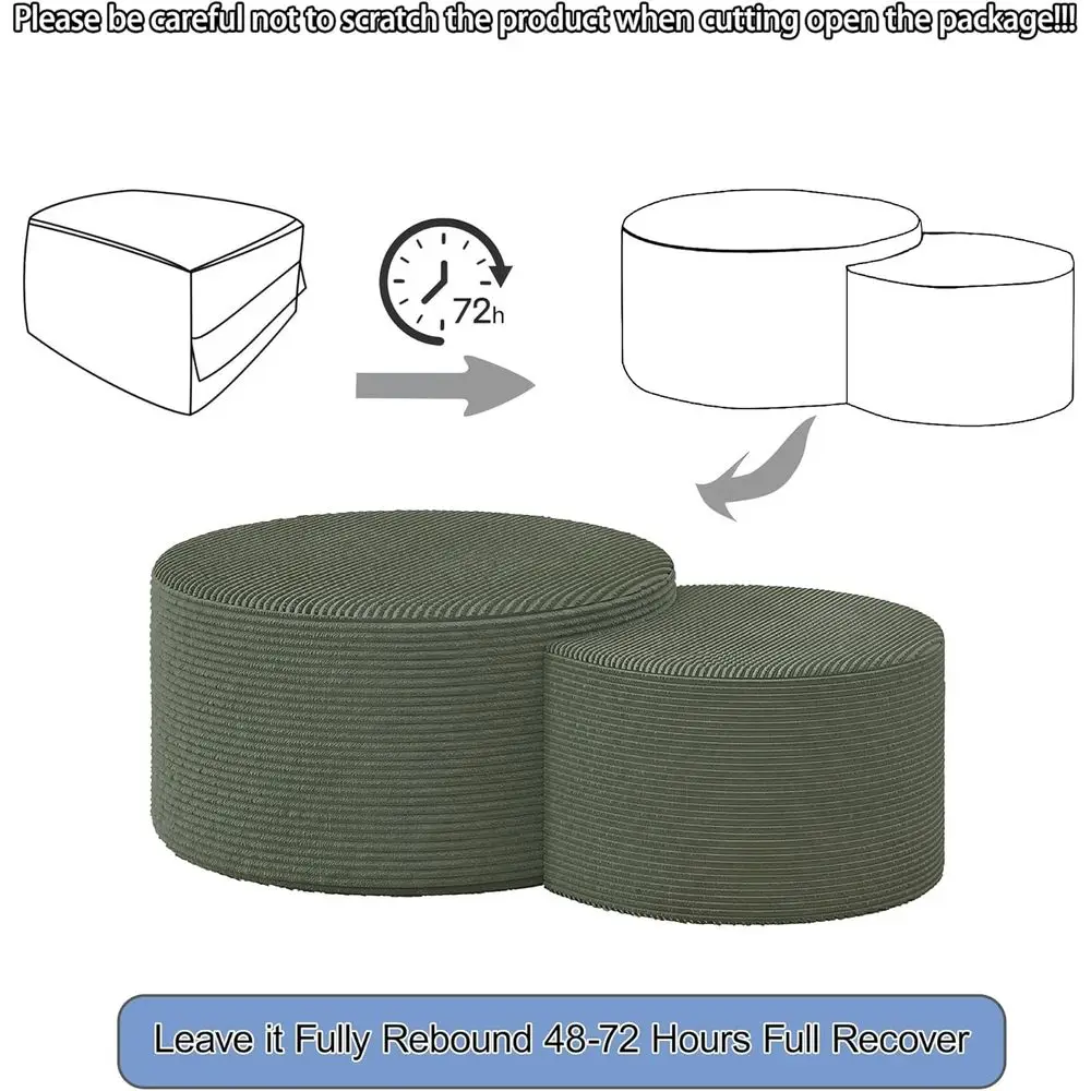 グリーンコーデュロイ張りの丸型オットマンのペア、32インチと17インチのリビングルームと玄関用サイドテーブル、フットレスト付き、組み立て不要