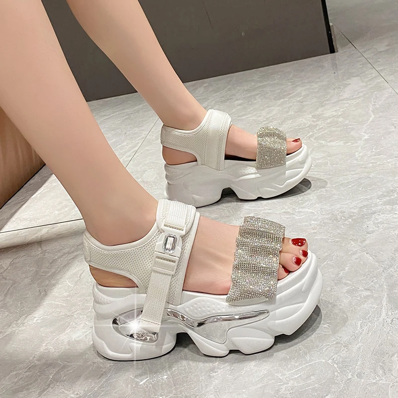 

Bling Crystal Sandals New 2023 Women's Summer 9CM Wedges Chunky Slippers High Platform Flip-Flops Open Toed Beach Slides Sandals