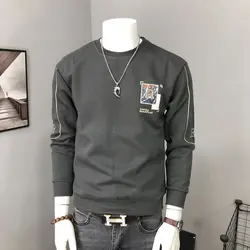 Men Clothing Autumn Simple Patch Embroidery Sweatshirt Male Casual Cotton All Match Hoodie Round Neck Long Sleeve Pullover Tops