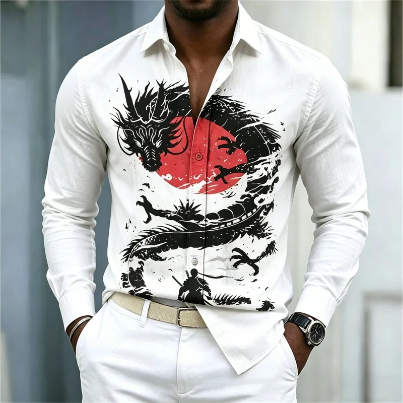 Nouvelle Chemise Homme 2026 – Motif Dragon Contraste Blanc, Noir, Rouge – Style Urbain Tendance Décontracté et Habillé – Manches Longues – Vêtements pour Homme