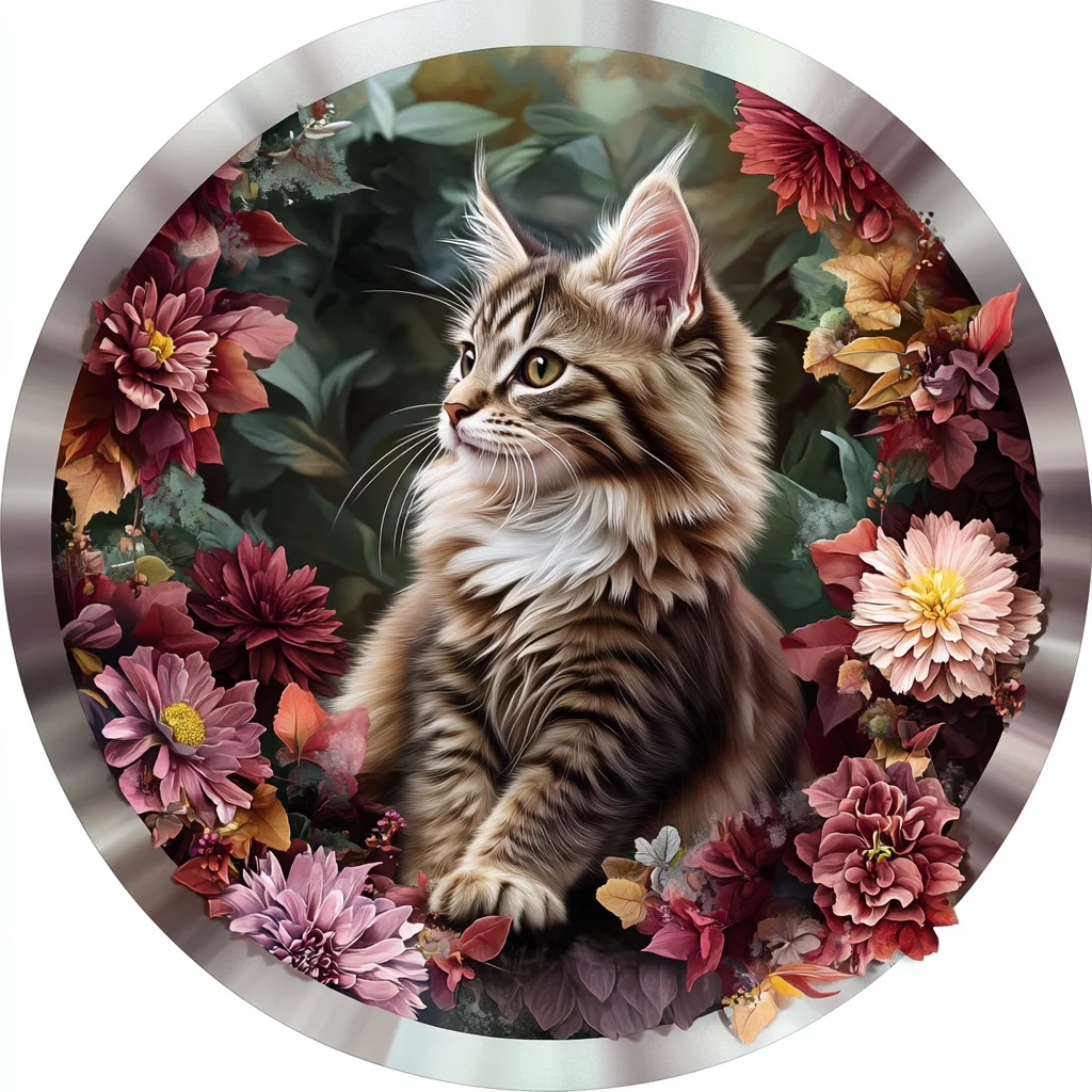 Maine Coon Cat Ornamento per animali domestici in alluminio - Pittura decorativa circolare personalizzata e lapide souvenir |   Perfetto per i regali