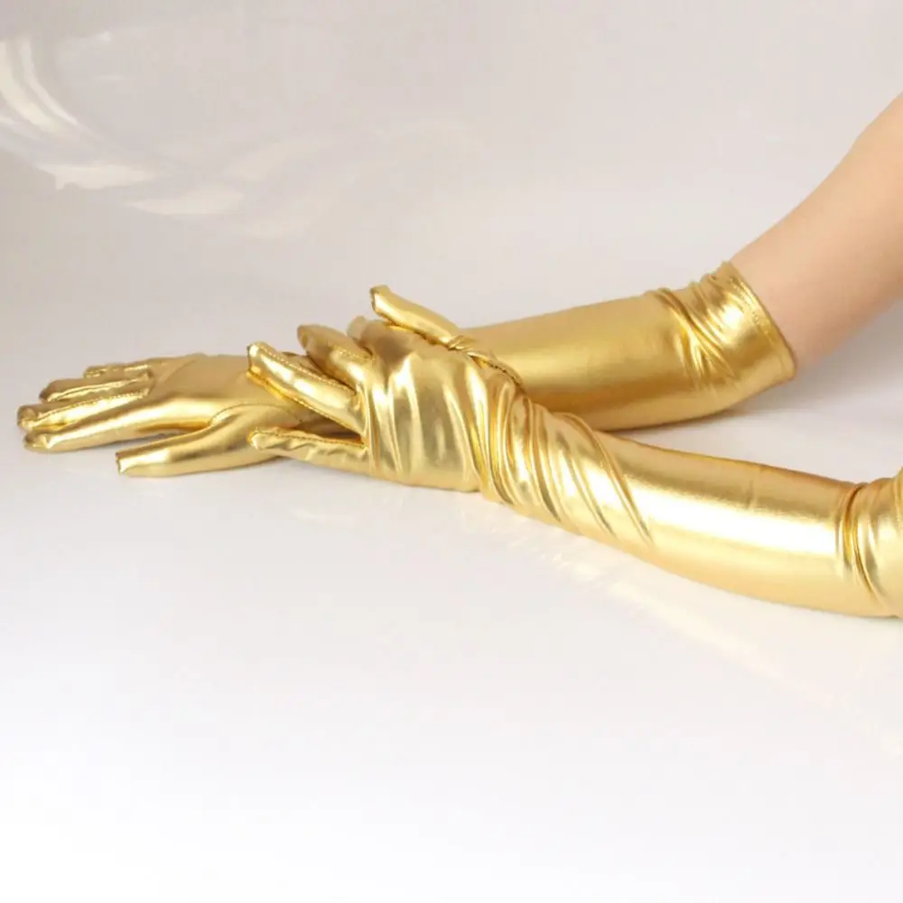 Fashion Shiny Bright Leather Gloves Long/Short Gold Silver Color Etiquette Gloves Stage Performances Clubwear Mittens Cosplay