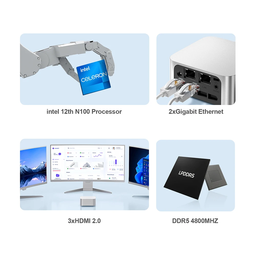 Intel Celeron N200/N100 Chatreey T8 Plus Mini PC SSD Windows 11 Computer Dual LAN Three HD Firewall Server wifi 5