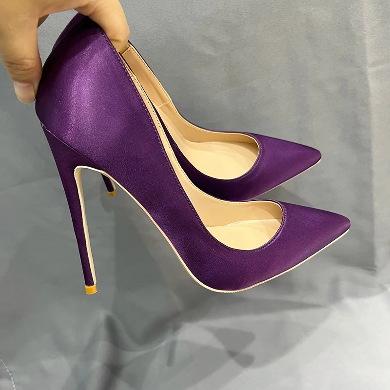 Tikicup Solid Purple Satin Silk Women Pointy Toe High Heel Wedding Bridal Shoes Elegant Ladies Slip On Stiletto Pumps Customize