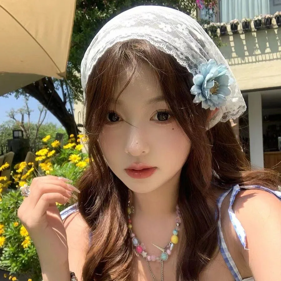 1PC triangle Lace scarf white sweet Lace Turban Headscarf Travel Photo Headband Hair Accessories Suitable Ladies Girls view 4