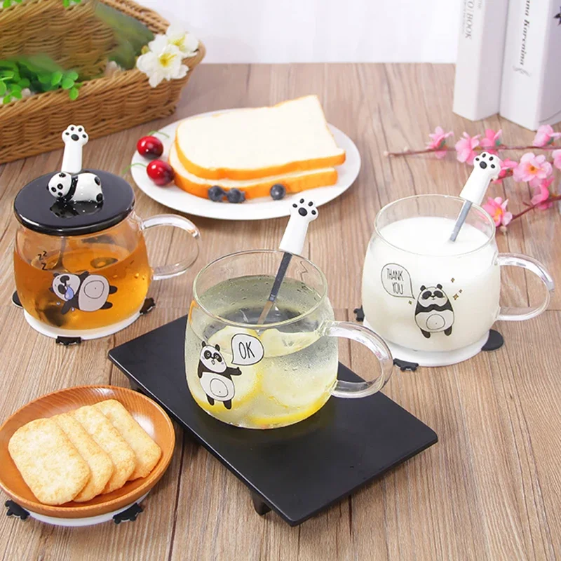 500ml Creative Heat-resistant glass mug with lid borosilicate glass cartoon panda mug milk breakfast coffee cup home