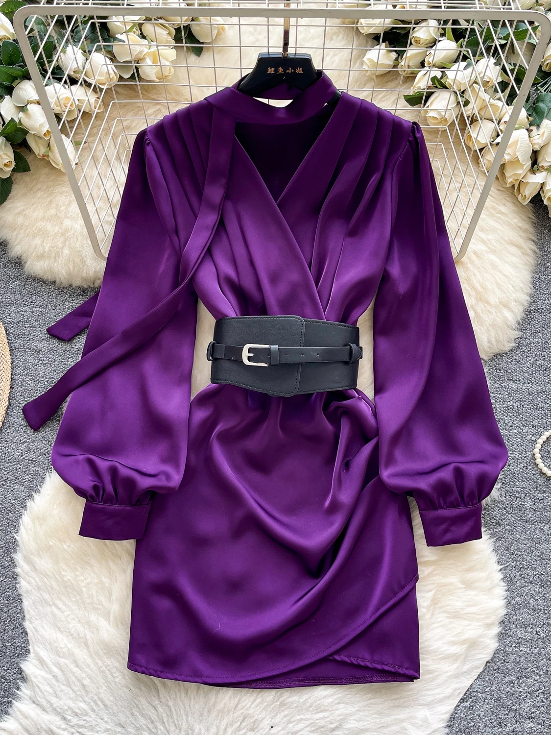 Ele Silk V-Ne Long Sve Cintura in vita Dr Gonna ort snellente autunnale da donna Avvolgente aderente Dr a vita alta