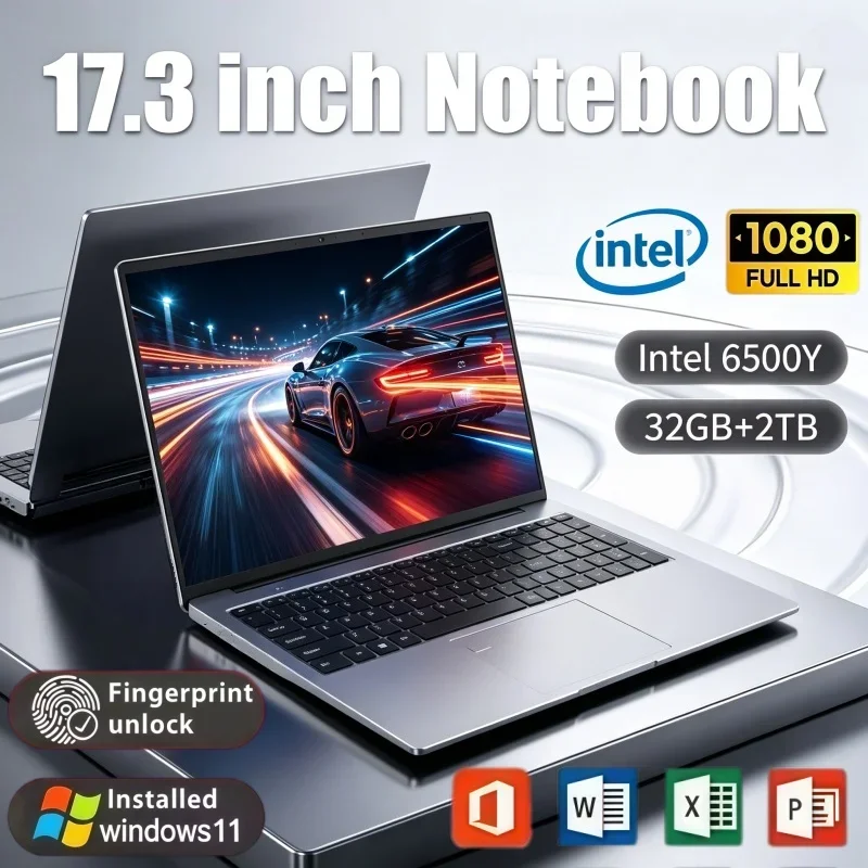 17.3 Big Screen Notebook PC Intel 6500Y Win11 32GB RAM 2TB SSD Fingerprint Reader Portable Computer For Daily Work Entertainment