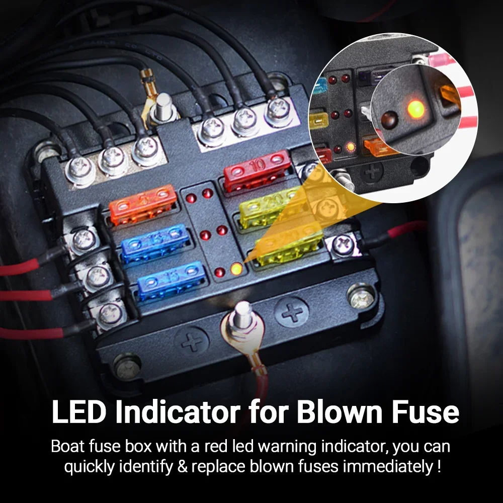 12 طريقة فيوز صندوق 6 طريقة شفرة فيوز كتلة حامل مقاوم للماء M5 مسمار مع مؤشر LED ضوء للسيارات سيارة قارب تورك البحرية 12 فولت 32 فولت