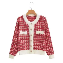 Early Autumn Sweater Women Knitted Cardigan New Year 2023 Spring and Autumn Checker Red Small Fragrant Coat O Neck Sweater