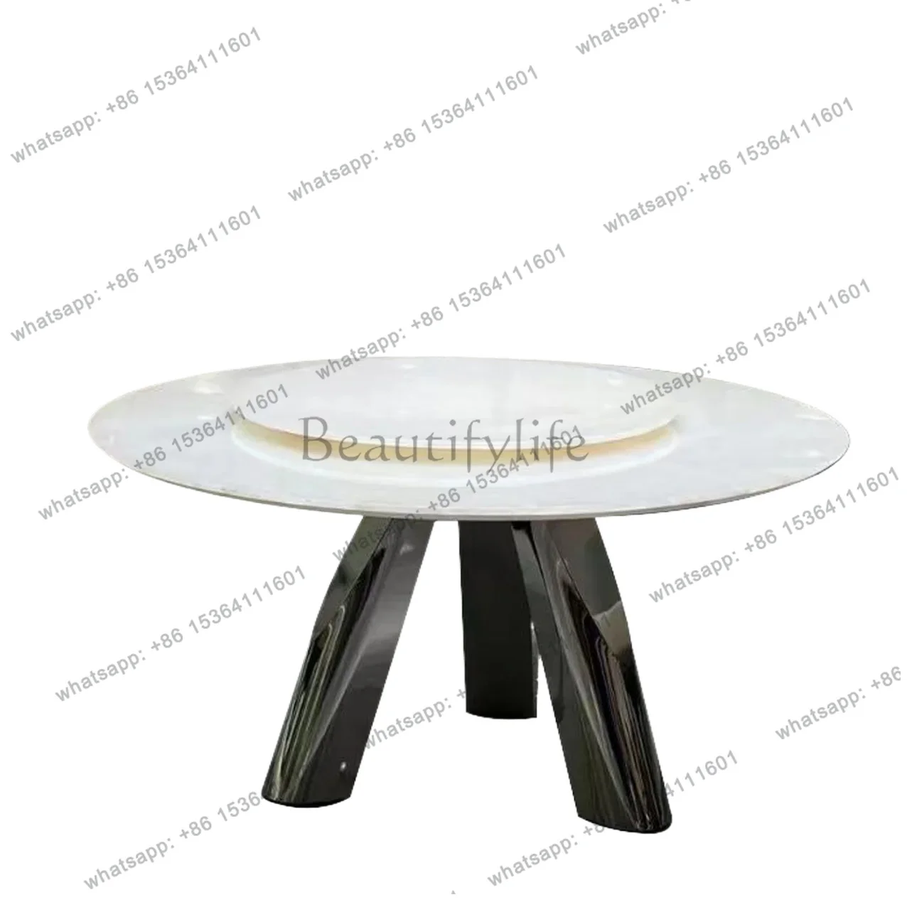 YJ Pure natural marble dining table round luxury stone series white ice jade translucent round turntable dining table and chairs