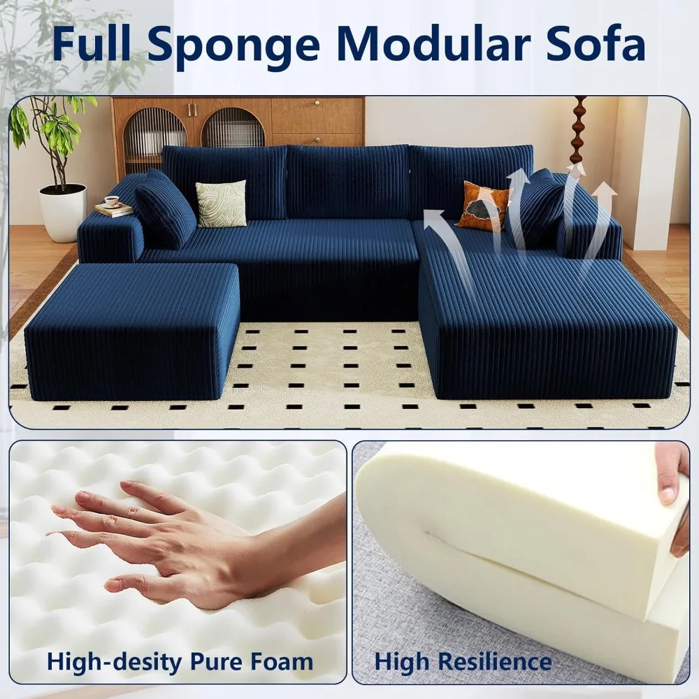 أريكة مقطعية حديثة مستوحاة من السحابة على شكل حرف U بثلاثة مقاعد مع مقاعد عميقة وعثمانية من نسيج سروال قصير