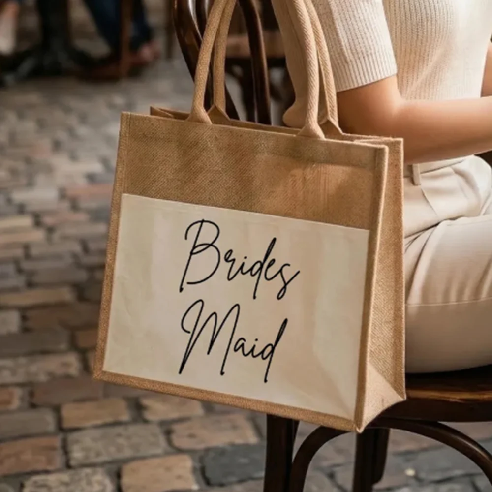 Custom Beach Wedding Tote Bag Personalized Bride Bridesmaid Name Printed Durable Jute Handbag Wedding Bridesmaid Gift Bag