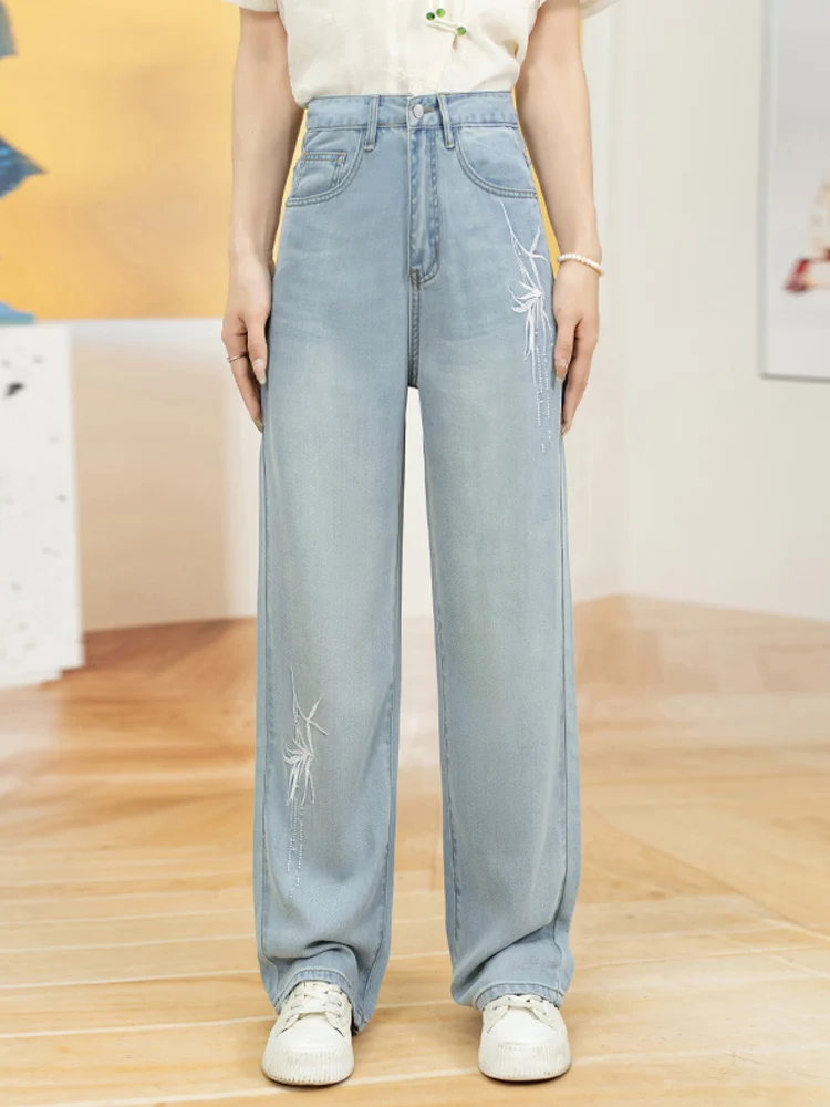 

Summer Thin New Style Lyocell Denim High Waist Draped Narrow Straight Leg Wide Leg Pants Women's Embroidered Slim Fit Jeans