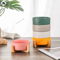 Dual Ceramic Pet Bowl Set with Wood Stand - Non-Slip Food & Water Feeder for Cats and Dogs