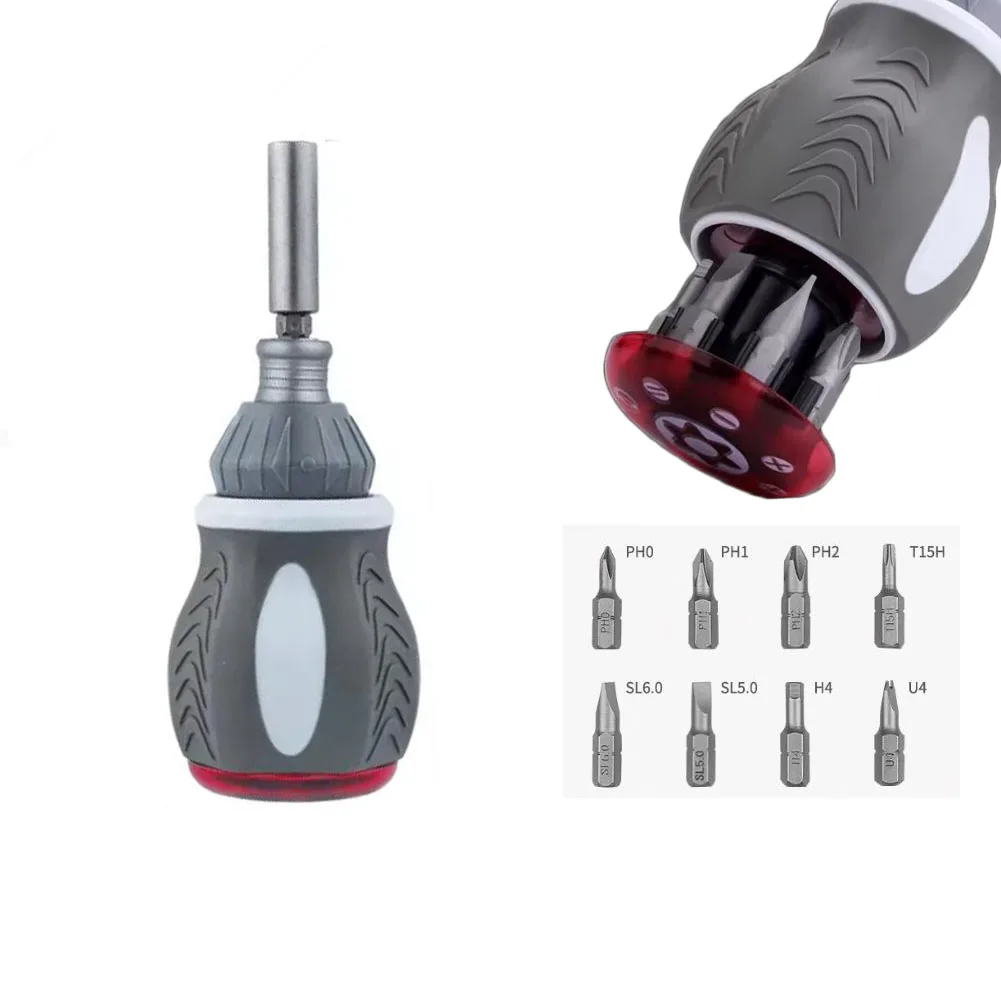 Compact Ratchet Screwdriver with 180 Degree Pivot Function and 8 Replaceable Bits for Efficient Workspace Navigation