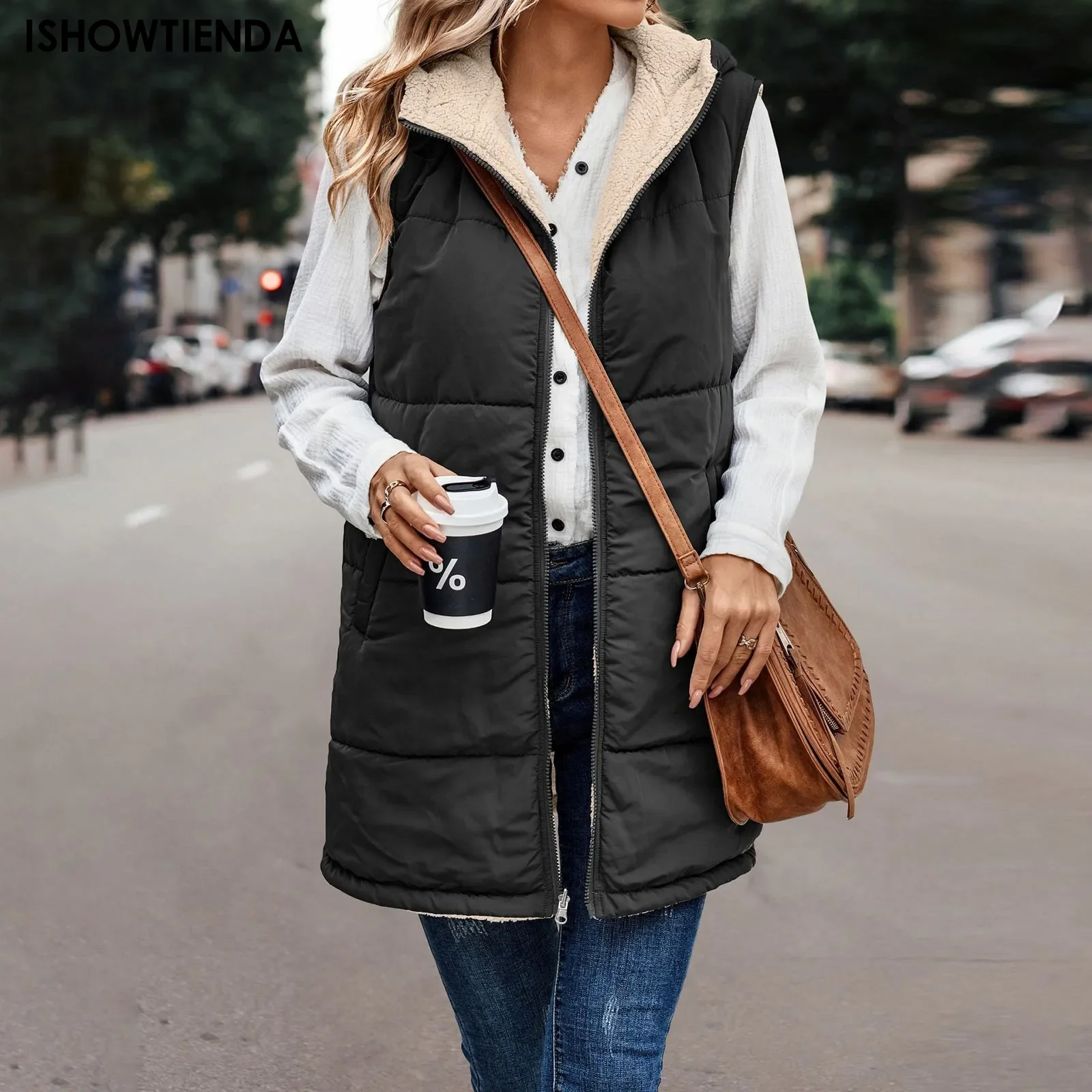 Gilet invernale da donna in pile con cappuccio reversibile senza maniche giacca da donna in finta lana gilet moda Street abbigliamento donna giacca