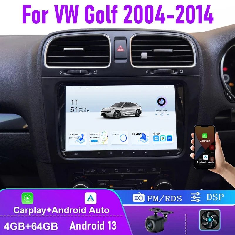 

9" 4+64GB For VW Golf 2004-2014 Car Stereo Radio Apple Carplay Android 13 Head Unit FM BT GPS Navi