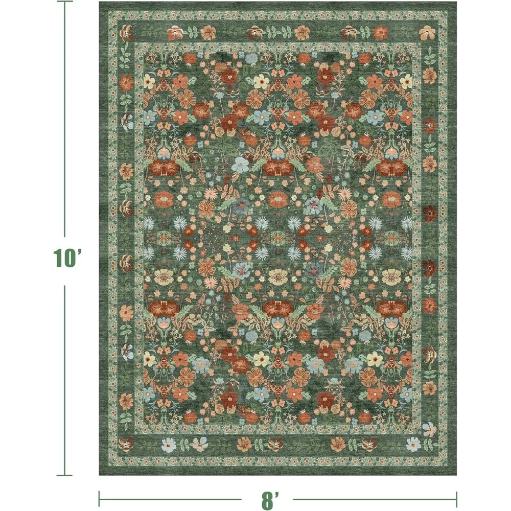 Herten Groene Wasbare Bloementapijten 8x10 Grote Vintage Boho Antislip Woonkamertapijt Zacht Laag Stapel Dunne Slaapkamer Vloermat Indoo
