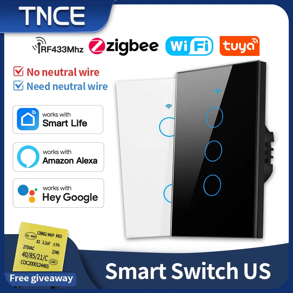 TNCE Tuya US Switch wifi zigbee,rf433 switches, No-Neutral/Wire LED light control Wall Button,smart voice with Alexa Google Home