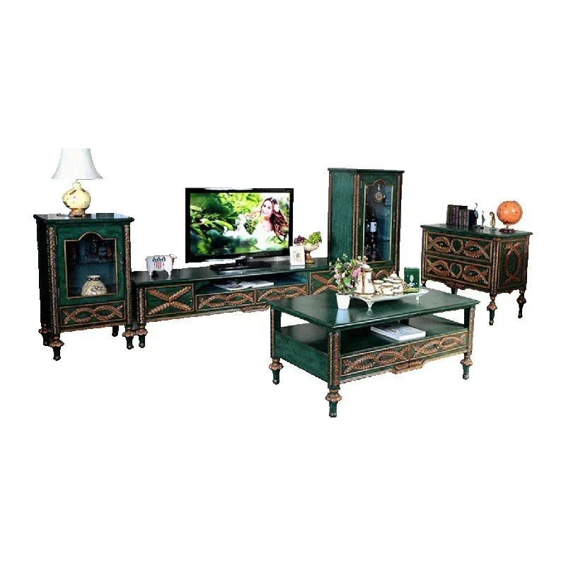 

American Country TV Cabinet and Tea Table Living Room Set Combination Solid Wood TV Cabinet