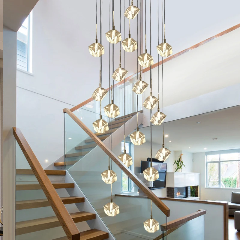 Luxury LED Crystal Chandelier Staircase Lighting Villa Living Room Pendant Lamp Home Decor Attic Ceiling Hanging Lamp