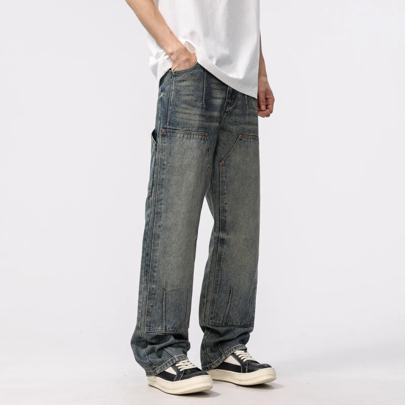 الرجال الربيع فضفاض واسعة الساق الجينز شارع العليا الرجعية مستقيم عارضة الرجال الجينز الرجال السراويل الطويلة