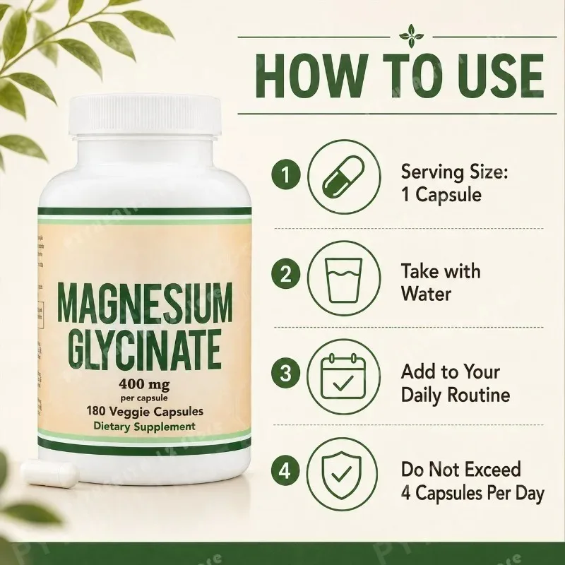 Magnesium Glycinate Capsules 400mg, 60mg Elemental Magnesium, Vegan Daily Mineral Support, Gentle Formula, 180 Count