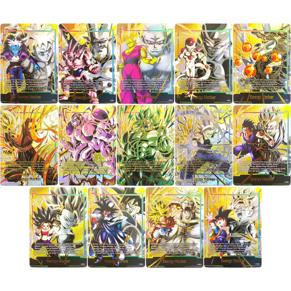 Selbstgemachte Englische Dragon Ball Super Fusion Weltenergie-Marker Gold Heißprägung E-95-110 E-101 E-103 Son Goku Spielkarten Spielzeug