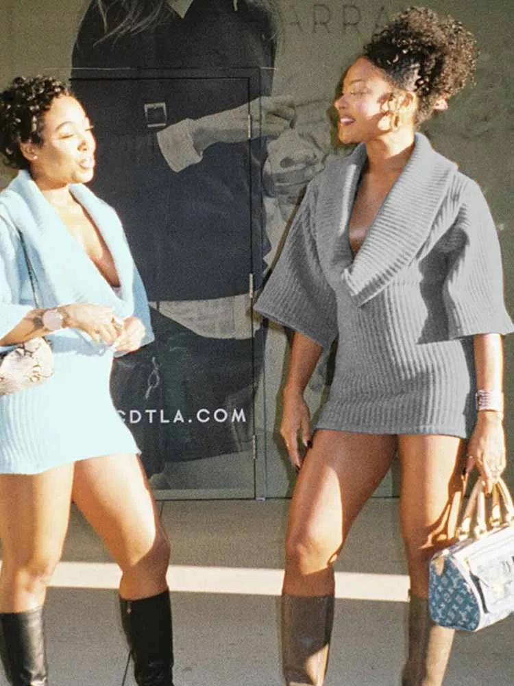 BKQU-vestido suéter gris con cuello oscilante para mujer, minivestido elegante y Sexy con cuello en V y media manga de murciélago, vestido de noche de fiesta