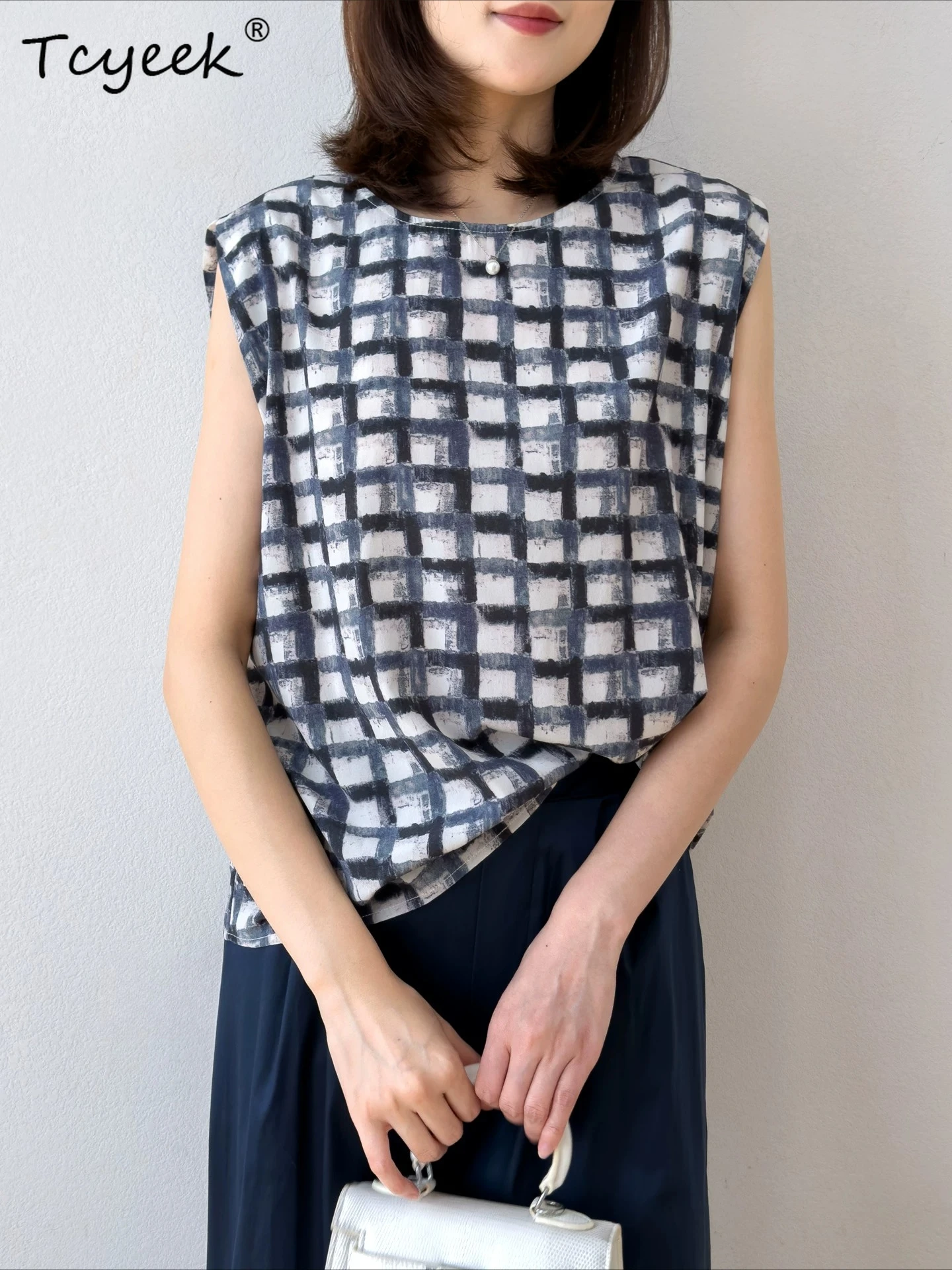 Tcyeek 93% Real Silk Women T Shirts 2026 Summer New Style Elegant Checkered Short-sleeved Tops Clothing for Ladies Ropa De Mujer