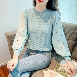 Autumn Winter New Fashion Patchwork Knitting Long Sleeve Sweater Ladies All-match Printing O-neck Chiffon Top Tee Women Clothes