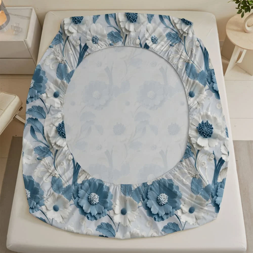 1pc Fresh Blue Floral Print Fitted Sheet Deep Pocket Elastic Mattress Cover Single Double Queen King Bedroom Decor