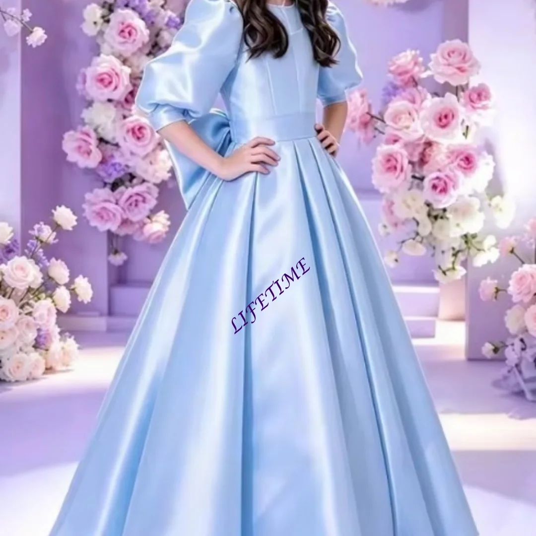 Customized Elegant Princess Pleated Satin Flower Girl Dress for Wedding Kids Balloon Sleeves First Communion Dress With Bow Sash