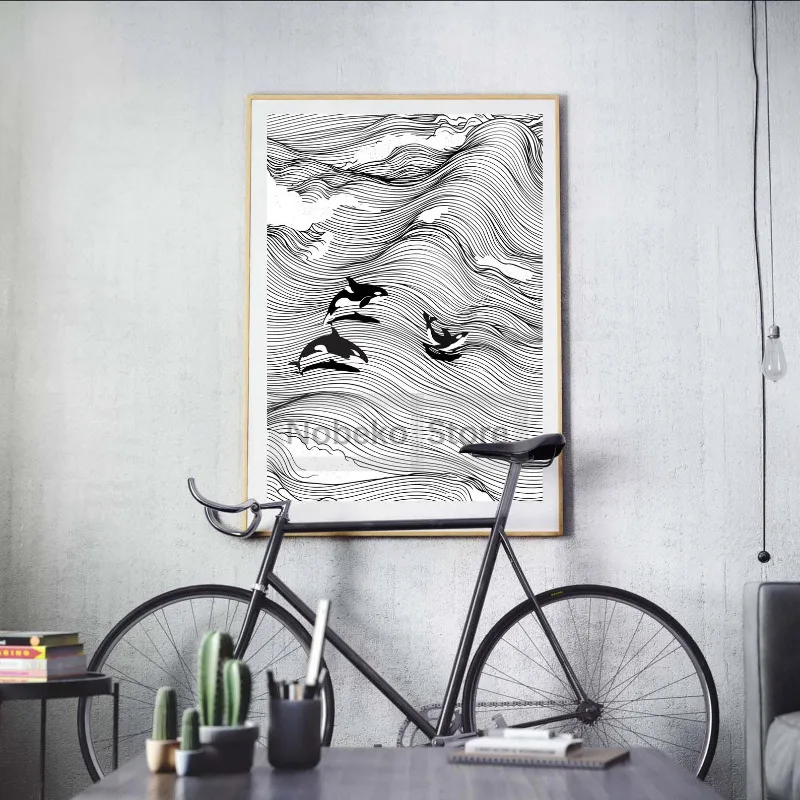 Black and White Waves Line Minimalism Surfing Poster Manta Ray Whale Orca Prints Canvas Wall Art Pictures Home Room Modern Decor