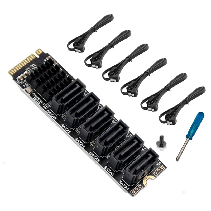 2X PCIE To SATA 6Gpbsx6-Port Expansion Card+SATA Cable M.2 MKEY PCI-E Riser Card M.2 NVME To SATA3.0 ASM1166 Support PM