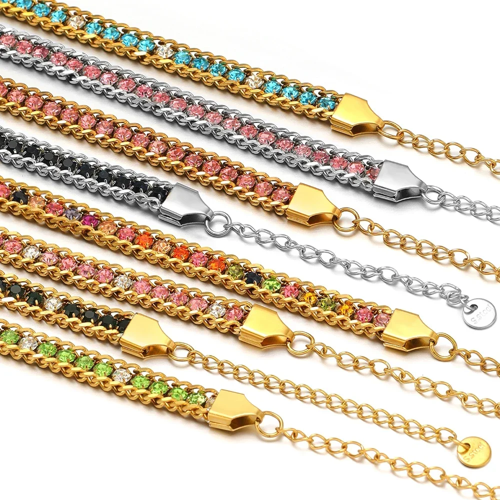 1pc banhado a ouro pulseiras de aço inoxidável corrente zircônia cúbica pedra pulseira para mulheres populares punk hip hop jóias presentes de festa