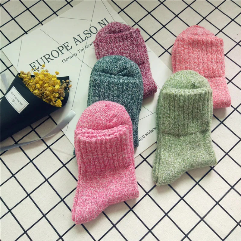 10pcs=5pairs Women Ladies Men Thick Winter Thermal Socks Warm Wool Nordic Novelty Solid Color Autumn Winter Home Floor Bed Socks