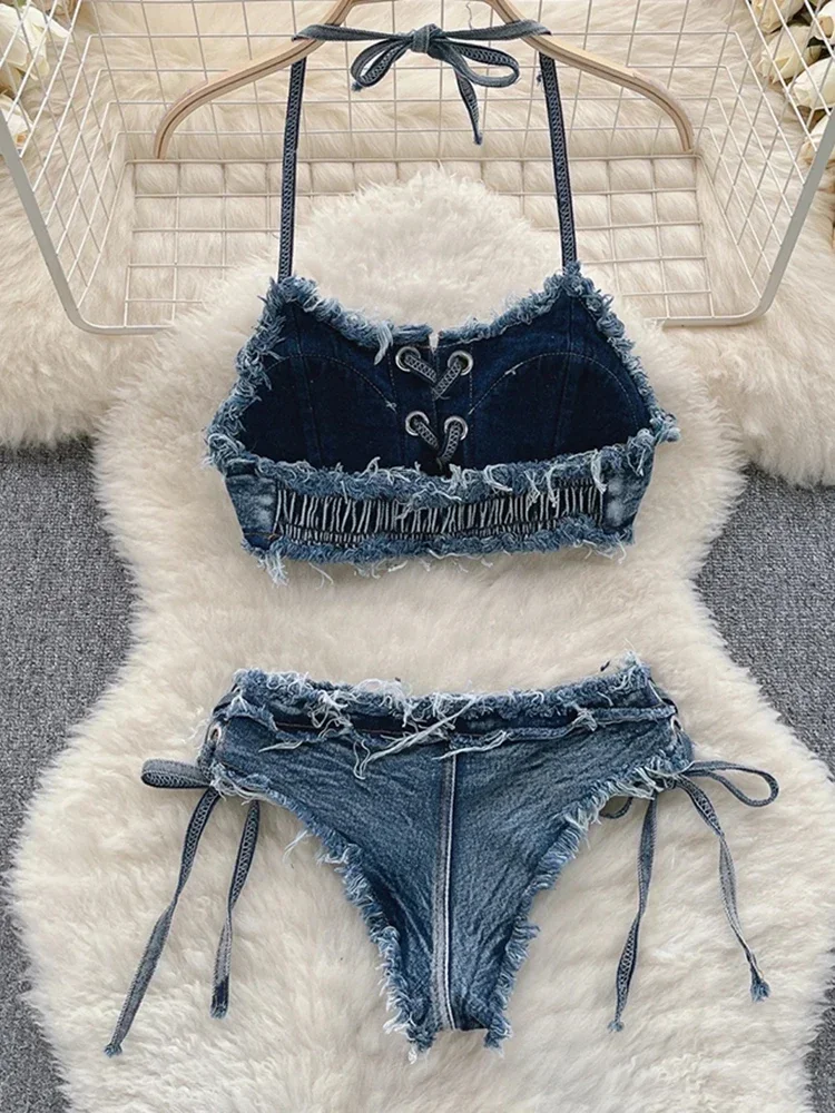 Bathing Suit Women Sexy Denim Suits Bikini Set Lace Up Drawstring Beachwear 2025 Solid Summer Vintage Two-pieces Swimwear