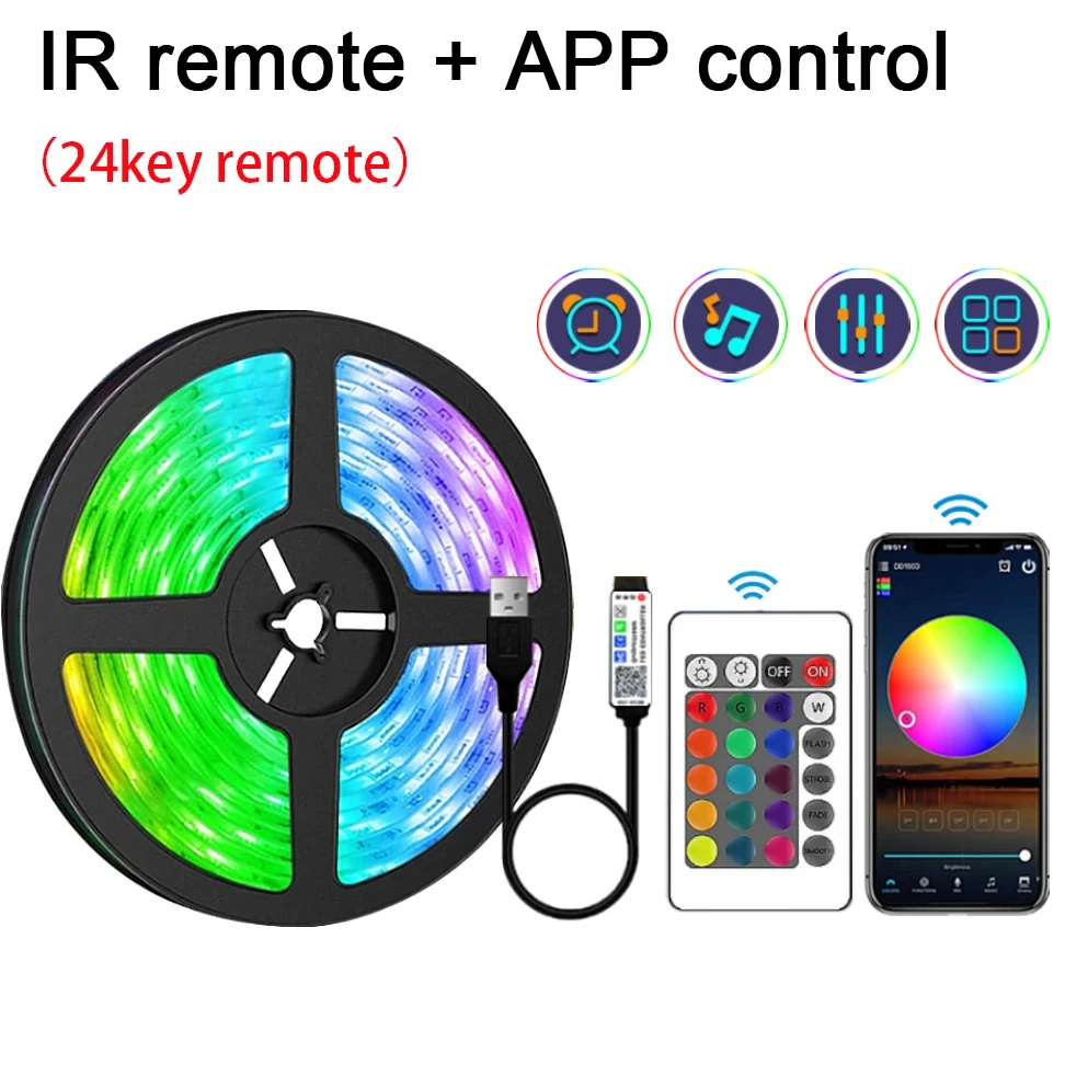 5V LED Light Strip 5 / 10M 24 Keys IR Remote And APP Control Multiple RGB Color Modes SMD Suitable For Ambient Decoration