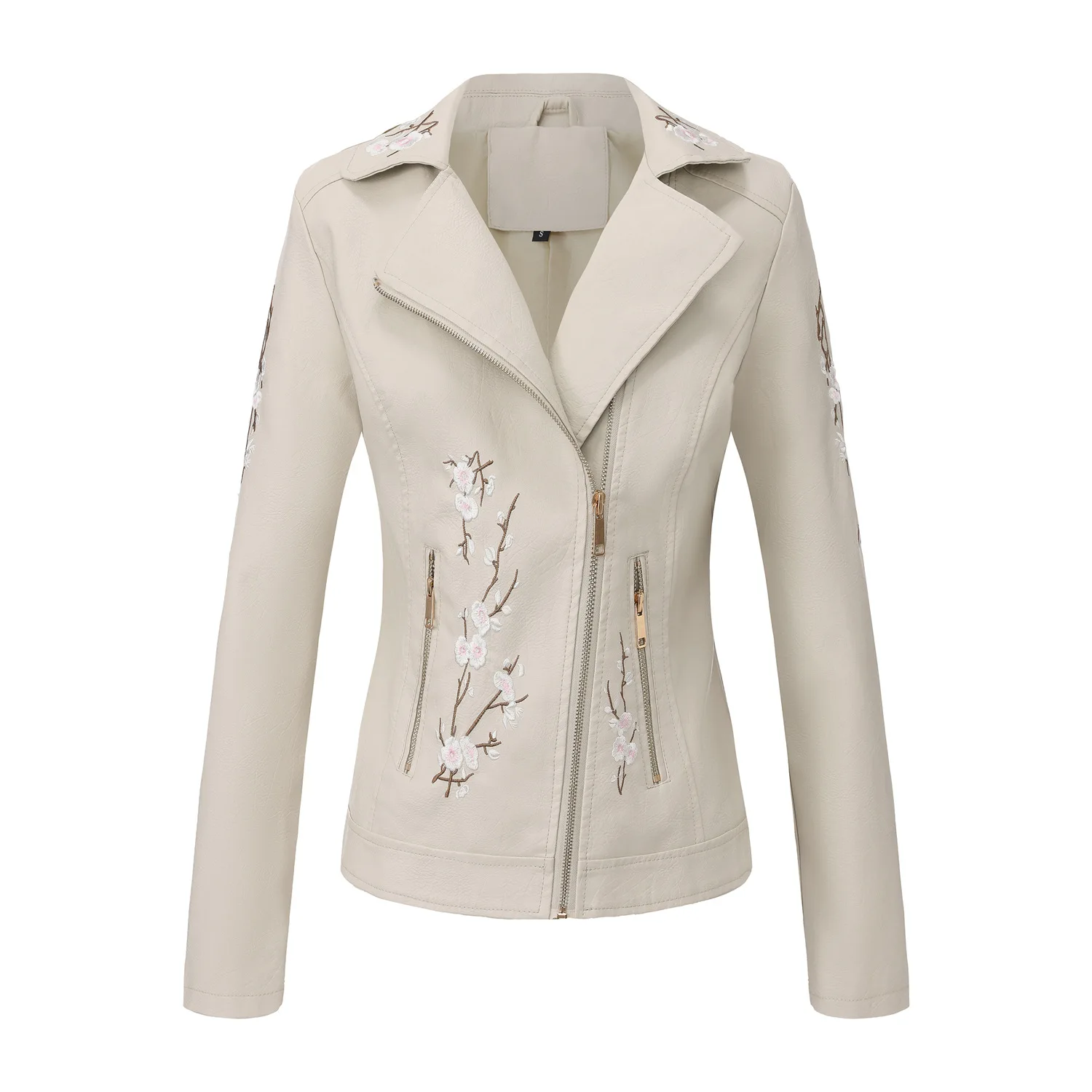 New Fall Women's Black Embroidered PU Jacket, Street-Style Brown Faux Leather Coat, Fashionable Beige Long Sleeves Top.