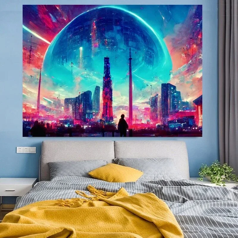 VIKAMA Cyberpunk City Night Tapestry Wall Hanging, 6 Designs, Wall Decor for Bedroom Living Room Dorm