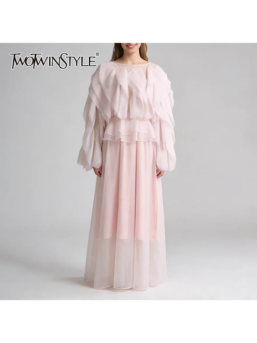 

TWOTWINSTYLE Элегантные платья с сетчатыми вставками для женщин, с круглым вырезом, длинными рукавами, завышенной талией, свободного А-образного кроя, модная женская одежда