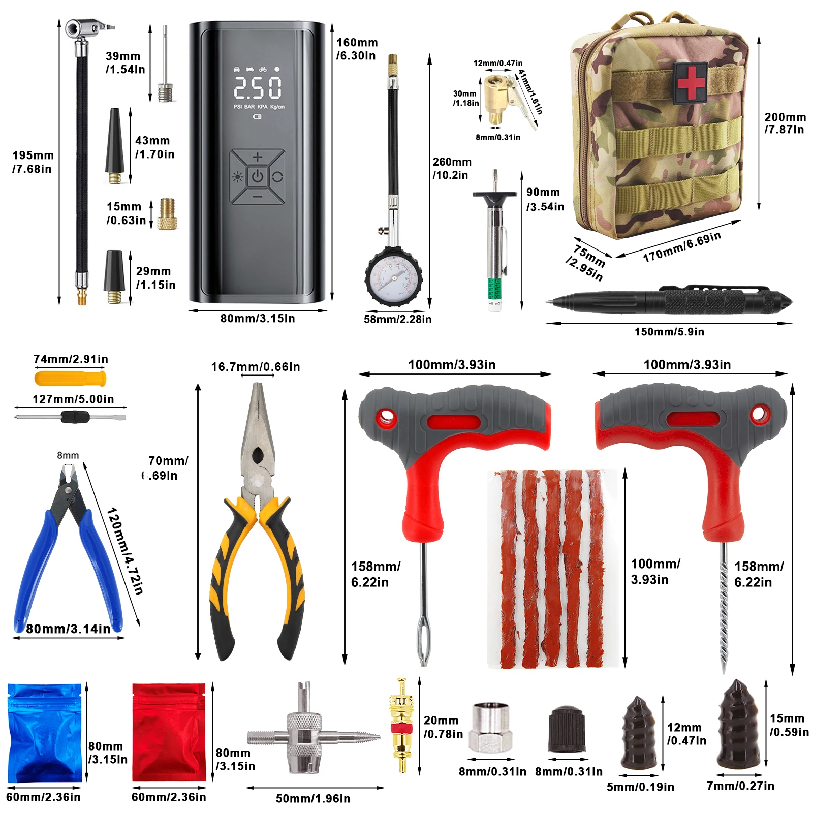 Car Tire Repair Tire Inflator Tool Kit in Tactical Pouch Bag Roadside Emergency Flat Tire Puncture for Cars Motorcycle RV Trucks