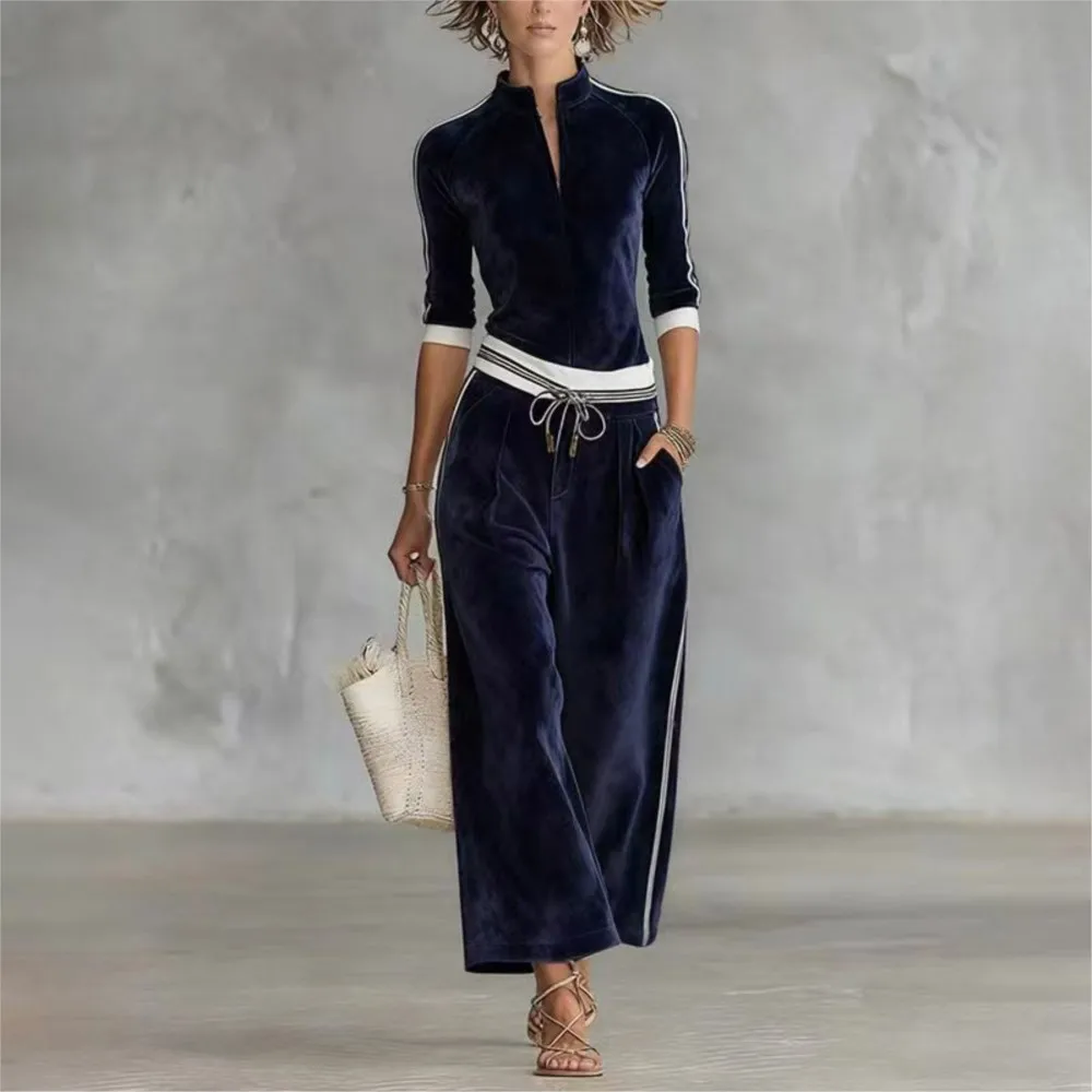Fashion Korean Velvet Color-blocked Striped 7 Sleeved Stand-up Collar Top Sports Suit Loose Wide-leg Trousers Women's 2piece Set