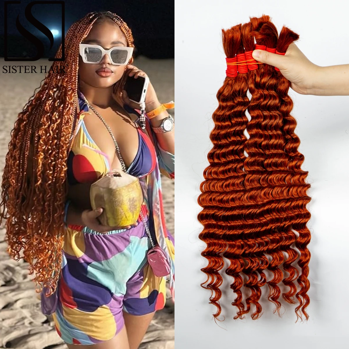 

28 Inch Ginger Orange No Weft Brazilian Remy Hair Bulk 100% Virgin Human Hair Bulk Boho Braiding Deep Wave Curly Braided Bundle